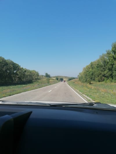 The image depicts a view from the interior of a vehicle, looking out at a two-lane asphalt road stretching into the distance under a clear blue sky. The road has white dashed lines indicating lanes and is bordered by grassy verges with scattered wildflowers. On either side of the road, there are lush green trees and undulating hills covered in vegetation. In the distance, a few cars are visible on the road. A power line pylon can be seen on the right side of the frame, on top of a hill. The foreground shows the dark dashboard of the vehicle, with the windshield wipers visible at the top. The scene appears to be a daytime drive through a rural or semi-rural area, likely in the vicinity of Severnoe, Kazakhstan, given the description provided.