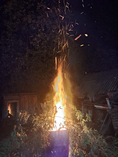 An outdoor, vertically oriented nighttime photograph depicts a powerful stream of fire and sparks emanating from the right side of the frame, extending leftwards against a dark background. The scene is set in Polyaniki, Russia.
The primary subject is a dynamic, elongated flame, primarily orange and yellow in color, with hints of green and purple fringes, suggesting intense heat or chemical additives. Numerous bright, incandescent sparks are seen flying from the flame, appearing as long, streaking lines due to their rapid motion or photographic exposure.
To the right of the flame, dense, dark green foliage, possibly from a tree or large bush, is partially illuminated by the fire's glow. Behind the foliage and further to the right, a structure with corrugated siding, possibly a shed or part of a building, is visible, also receiving light from the blaze. In the lower right, a window reflects the bright orange light of the fire. A distinct purple glow emanates from the far right edge of the image, close to the fire's origin, which might be another light source or a unique reflection.
The dark backdrop of the night sky, visible on the left and upper parts of the image, contrasts sharply with the vivid intensity of the fire. Additional dark foliage is present in the lower left foreground. There are no visible people or discernible text in the image. The overall impression is one of a controlled but dramatic burning event in a rural or semi-rural setting.