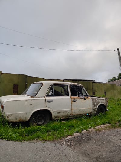 A white, rusted, and derelict sedan is parked in overgrown grass next to a green metal fence. The car is a four-door with its windows broken and the paint peeling off. A sticker of a cartoon cat is visible on the rear passenger door. The car appears to be abandoned. The sky is overcast, suggesting cloudy or rainy weather. A utility pole with wires is visible to the right of the car, extending into the sky. The scene is likely outdoors, possibly in a rural or semi-urban area given the fence and the general state of disrepair. There is no discernible activity taking place, and the overall mood is one of neglect and decay. The location is identified as Trudovoye, Russia.