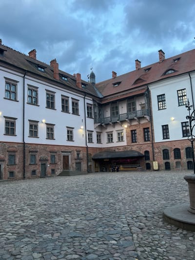 An exterior view captures the inner courtyard of the Mir Castle Complex in Мірскі сельскі Савет, Belarus, under a cloudy, overcast sky. The ground is paved entirely with irregular cobblestones of varying shades of gray and brown. The surrounding multi-story buildings display a construction mix of exposed red brickwork on the lower floors and white plaster on the upper facades. Numerous dark-framed rectangular windows are present across all visible walls. The roofs are covered with red tiles, featuring multiple dormer windows and brick chimneys; one central chimney is topped with a rooster-shaped weather vane. A prominent dark wooden balcony with detailed balusters extends from the second floor of a central building section. Several small, dark birds are perched on the peak of the leftmost roof and on one of the chimneys. In the mid-ground, toward the right, two individuals are seated on a bench beneath a dark, possibly thatched, canopy adorned with purple flowering plants, adjacent to what appears to be a vendor stall. Multiple illuminated wall-mounted lights are visible on the white plastered surfaces. A stone structure, possibly a well, with a circular base is partially visible in the lower right foreground. Several dark wooden doors are visible at ground level, including a main entrance with a short flight of stone steps in the center-left.