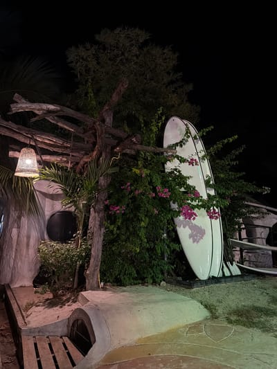 A white surfboard rests horizontally amidst lush green foliage and blooming pink flowers. The surfboard is adorned with two black stripes along its length, and a faint shadow of palm leaves is visible on its surface. To the left of the surfboard, a tall, dark tree with sparse leaves dominates the foreground, its gnarled branches reaching upwards. Below this tree, a woven basket-like lamp hangs, emitting a warm, inviting glow. To the right, a textured, light-colored wall features an arched opening with a metal grate. Further to the right, a wooden gate with horizontal planks is visible. The scene is dimly lit, suggesting it is nighttime. The overall setting appears to be outdoors, possibly a garden or patio area, with a tropical ambiance. The presence of the surfboard hints at a coastal location, consistent with the provided location context of Ko Tao, Thailand. No people are visible in the image.