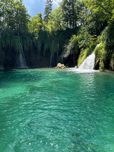 A wide shot captures a serene natural landscape at Plitvička Jezera, Croatia. The foreground is dominated by a body of crystal-clear, turquoise water, its surface rippling gently under the sunlight, reflecting bright sparkles. In the mid-ground and background, a series of cascading waterfalls flow down a moss-covered cliff face. Lush green foliage, including trees and vines, covers the cliff and surrounds the waterfalls, creating a vibrant, verdant backdrop. The sky above is a clear blue with a few wispy white clouds. The scene evokes a sense of tranquility and natural beauty.