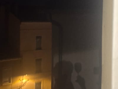 The image depicts a nighttime scene observed from an interior viewpoint in Roanne, France, through a reflective surface, likely a window. The foreground contains the partial, dark silhouette reflection of an individual holding a stemmed glass, identifiable as a wine glass, in their right hand. A vertical, light-colored structural element, possibly a window frame or interior wall, is visible on the far right.

The exterior background reveals a light-colored building, predominantly beige or off-white, with at least two visible floors featuring dark, rectangular windows. The lower portion of this building is illuminated by a distinct warm, yellowish light source originating from below and to the left, highlighting a complex network of dark cables or wires affixed to the facade. To the left of this main building, a darker, less defined building or structure is partially visible. The sky above is uniformly dark, indicating night. The scene is slightly underexposed and exhibits a degree of blur.