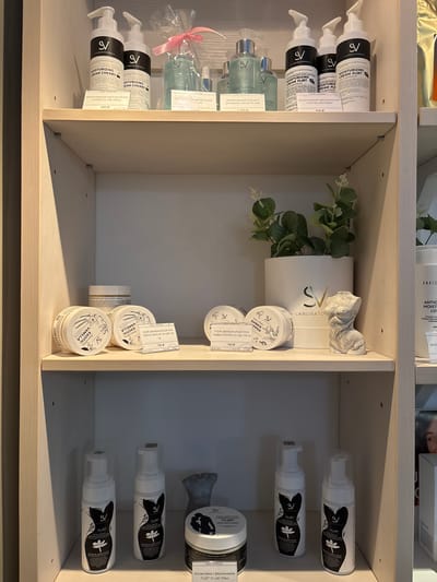 The image displays a well-lit, three-tiered wooden retail shelving unit, likely situated within a commercial establishment in Romanovka, Russia. The shelves are stocked with various cosmetic and personal care products under the "SV LABORATORIES" brand.
On the top shelf, from left to right, there are two white pump bottles labeled "MOISTURIZING CREAM CHERRY," with one displaying a price of 890 ₽. Adjacent to these is a transparent gift-wrapped package secured with a pink ribbon, containing a light blue product identified as "Увлажняющий гель для лица" (Moisturizing Gel for Face) with a price tag of 1490 ₽. Following this are three white pump bottles labeled "MOISTURIZING CREAM FLIRT," with one indicating a price of 890 ₽.
The middle shelf features cylindrical jars and decorative items. On the left, two white jars with black labels depicting "EXOTIC VANILLA" are visible, identified as "Скраб двухфазный для тела" (two-phase body scrub) and priced at 760 ₽, with an expiration date of 09.03.2026. In the center, a white cylindrical pot branded "SV LABORATORIES" holds an artificial green plant resembling eucalyptus. Next to it stands a small, marbled grey and white statuette of a female torso. To the right, two white jars with black labels displaying "AMBER PEPPER" are visible, also identified as "Скраб двухфазный для тела" and priced at 760 ₽, with an expiration date of 09.03.2026. A tall white pump bottle, partially visible on the far right, is labeled "ANGIOCARE MOISTURIZING LOTION."
The bottom shelf showcases intimate care products. On the left, two white pump bottles with black labels depict a stylized female silhouette and are labeled "FLIRT ИНТИМНЫХ ЗОН" (Intimate Wash Foam). In the center, a small dark grey marbled statuette of a male torso is positioned next to a black jar labeled "FLIRT," with a partially visible price tag. To the right, two identical white pump bottles, also labeled "FLIRT ИНТИМНЫХ ЗОН," are displayed. A portion of an adjacent display or mirror shows a partial reflection of a person's face on the far right.
Several price tags indicate "ООО 'АПРЕЛЬ'" (OOO 'APREL'), suggesting the distributor or retail entity. The overall scene indicates a clean, organized retail display.