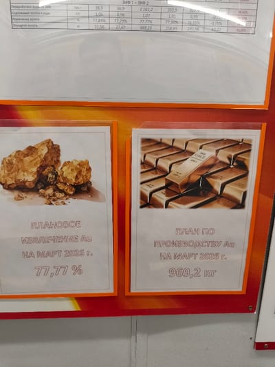 The image depicts an indoor scene in the city of Im. Gastello, Russia, showcasing informational displays related to gold production. The upper portion of the frame features a laminated white sheet of paper containing a table with Cyrillic text headings and numerical data, likely detailing metrics such as processed ore, gold content, gold extraction, and deposited gold in thousands of tons, grams per ton, percentages, and kilograms. Below this, against an orange-red panel, two prominent framed or laminated posters are displayed side-by-side. The left poster presents an image of gold nuggets or raw gold ore, accompanied by Cyrillic text stating "PLANNED Au EXTRACTION FOR MARCH 2026" and a value of "77.77 %". The right poster displays an image of numerous stacked gold bars, with one bar clearly visible as "FINE GOLD 999.9 1000g". Below this image, Cyrillic text reads "PLAN FOR Au PRODUCTION FOR MARCH 2026" and specifies "969.2 kg". The overall background appears to be a light-colored wall or partition. No individuals are present in the scene.