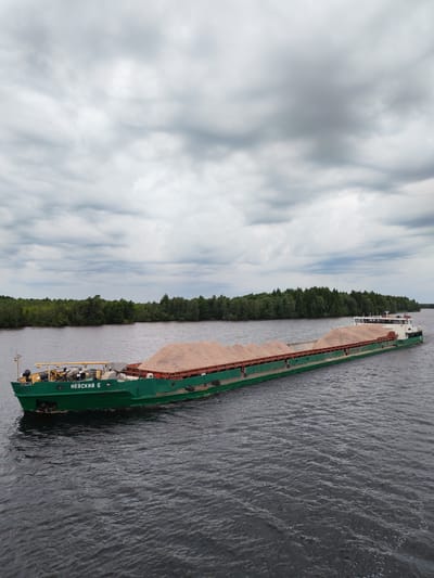 A cargo barge named "Невский 6" is navigating a dark, choppy body of water under a cloudy sky. The barge is green and carries a large load of light brown gravel or stones. The barge's bow is pointed towards the left of the frame, with the stern extending to the right. In the background, a dense line of green trees borders the water, suggesting a natural landscape. The overall impression is one of industrial transport in a somewhat overcast, natural setting. The specific location is the city of Novokemskii, Russia.