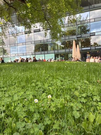The image shows a grassy area with clover and daisies in the foreground. In the background is a modern building with a glass facade reflecting the sky and trees. A row of people are standing outside the building, some under large parasols. This scene appears to be located in the city of Aachen, Germany.
