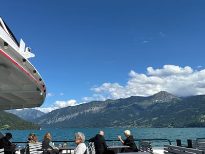 In Lake Thun, Switzerland, on the deck of a white and red ferry, several people are seated at tables and benches, enjoying the scenery. The ferry is moving, indicated by the blurred water and the angle of the boat. A bright blue sky with scattered white clouds stretches above the ferry and the majestic, tree-covered mountains that rise from the lake's edge. The mountains are a dominant feature, with some peaks showing patches of snow. The water is a vibrant turquoise, reflecting the sky and the surrounding landscape.

In the foreground, on the left side of the image, a person in military-style camouflage clothing is looking down at their phone. To their right, another person, also in camouflage, is looking away from the camera. Further along the deck, a woman with blonde hair is holding a phone to her ear, and beside her, a man in a black hoodie is looking towards her. On the far right, an elderly woman with gray hair is looking out towards the lake. Two glasses of white wine sit on the table in front of the blonde woman and the man. The deck is equipped with benches and tables for passengers. The overall scene depicts a leisurely journey on a beautiful summer day.