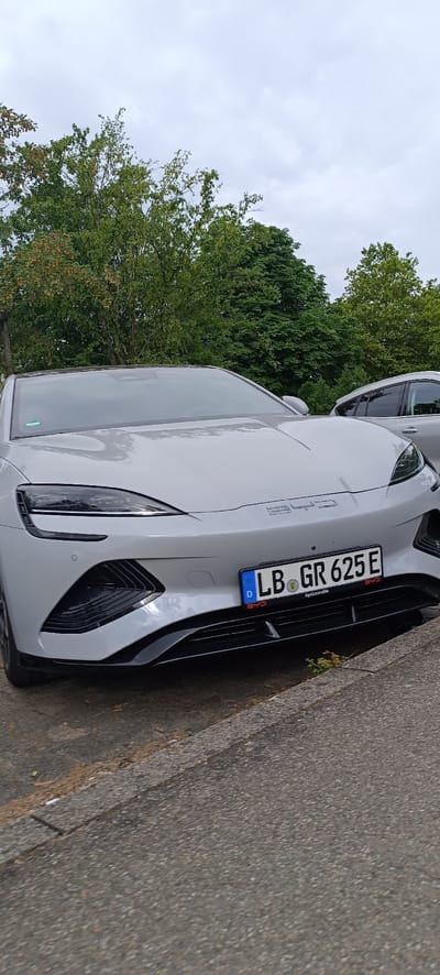 A front view of a light gray BYD Seal electric car is captured in Waiblingen, Germany, on an overcast day. The car is parked on the side of a road, with a curb and asphalt visible in the foreground. Lush green trees form the backdrop, with dense foliage and a cloudy sky above. The license plate of the car reads "LB GR 625E", with a German flag sticker on the left and the BYD logo repeated on either side of the plate. The car's headlights are illuminated, and its sleek design is evident, featuring sharp lines and a sporty front bumper. A portion of another light-colored vehicle is visible to the right of the BYD Seal. The scene appears to be a street or parking area surrounded by greenery.