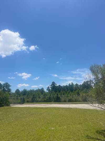 The image depicts a sunny day with a bright blue sky dotted with scattered white clouds. In the foreground, a well-maintained green lawn stretches across the frame. Beyond the lawn, a concrete surface is visible, bordered by a chain-link fence. A dense line of green trees forms a backdrop behind the fence, suggesting a natural or wooded area. A large tree with sparse foliage is present on the right side of the image, partially obscuring the view of the trees in the distance. The scene appears to be located in an outdoor, possibly recreational or undeveloped area, under clear weather conditions. The location is identified as Pooler, United States of America.