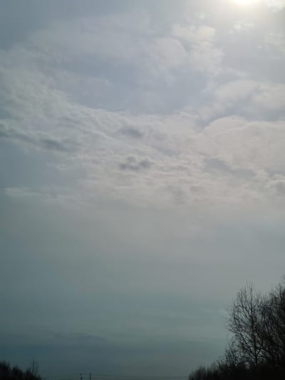 The image depicts a cloudy sky over what appears to be the outskirts of a town or rural area. Bare trees are visible along the lower edge of the frame. In the top right corner, a bright spot possibly indicates the sun obscured by clouds. The sky is mostly covered with layers of grey and white clouds, suggesting overcast conditions. No people or specific actions are visible in the image. It is asserted that this image is located in the city of Gol'yany, Russia, however, no details in the image confirm the location.