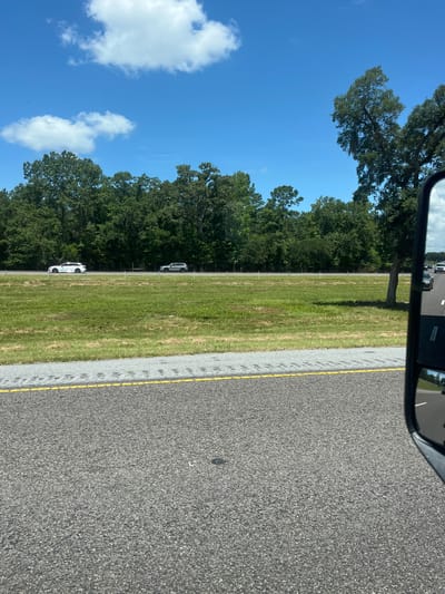 The image, taken from the perspective of a moving vehicle, shows a highway scene in Riceboro, United States. The foreground displays the asphalt of the road with a yellow line marking the edge. Beyond the road, a grassy median separates the lanes, backed by a dense line of trees. Several cars are visible on the highway, including a white sedan and a silver SUV traveling in the distance. The sky is a clear blue with scattered white clouds. A side mirror of the vehicle is visible on the right side of the frame, reflecting a portion of the sky and road.