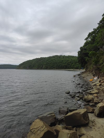 The image depicts a rocky shoreline along a body of water, likely the sea, under an overcast sky. A dense, green forest covers the rolling hills that recede into the distance. In the foreground, large, rough-hewn rocks are scattered along the water's edge, with smaller pebbles and debris filling the gaps. The water itself is choppy and dark grey.
Further along the shore, a small sandy beach is visible, leading to more trees. On the right side of the image, several people are present near the shore, with what appears to be camping gear, including a bright orange tarp and a white cooler. There are two individuals walking on the distant beach.
The scene is located on Russky Island, near the city of Vladivostok, Russia. The island is known for its natural beauty, with numerous bays, beaches, and forested hills, making it a popular destination for outdoor recreation and tourism. The presence of the rocks, water, and forest are characteristic of the island's landscape.