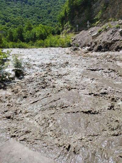 The image shows a muddy river flowing rapidly. The river is filled with sediment and debris, indicating a recent flood or landslide. On the right bank of the river, there is a steep, rocky slope with a road and some vegetation. There are also traffic signs visible on the slope, suggesting this is a mountainous area with potential hazards. The water appears to be moving with considerable force, creating ripples and turbulence. The surrounding landscape is lush with green trees, suggesting a temperate climate. The scene is likely located in a natural or semi-natural environment, possibly a rural or mountainous region. The presence of a road and signs suggests human activity in the area, but there are no people visible in the image. The focus of the image is the powerful flow of the muddy river and its impact on the surrounding landscape.