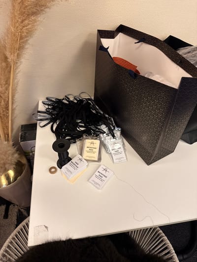 On a white surface sits a dark patterned shopping bag, partially revealing a light-colored lining and an orange garment inside. Several backstage passes labeled "February 16, 2020," along with their black lanyards, are scattered beside the bag. One spool of black ribbon is also visible with a small bronze ring. The bottom left corner shows pampas grass against a white wall. A wicker chair and a fluffy dark-colored item are on the right side.