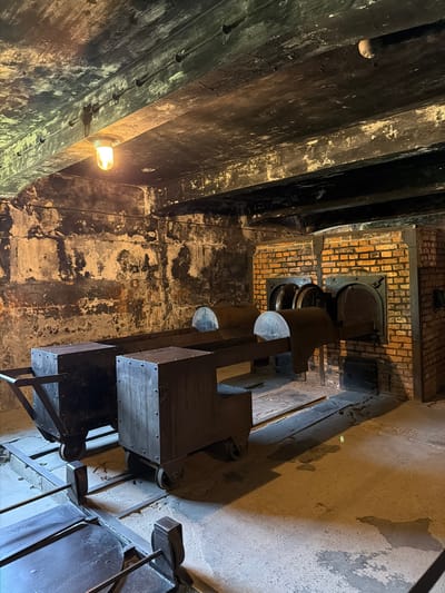 The image depicts the interior of a crematorium. In the center, a large, dark metal oven with a circular opening is visible, set against a brick wall. Above it, another opening in the brickwork suggests a chimney or ventilation system. To the left of the oven, heavy wooden beams line the ceiling, showing signs of age and wear. A single, yellow-tinted light bulb is mounted on one of these beams, casting a warm glow. The walls are rough and discolored, with peeling plaster and dark stains, hinting at the grim history of the location. In the foreground and to the right, portions of other metal machinery are visible, including what appears to be a conveyor belt system or a cart with wheels. The overall atmosphere is somber and stark, conveying a sense of historical significance and the heavy weight of the past. The image is taken from a low angle, looking upwards, emphasizing the imposing nature of the machinery and the structure. No people are visible in the frame. The lighting is dim and artificial, suggesting the scene is indoors and potentially at any time of day. The location is identified as Oświęcim, Poland, strongly implying a connection to Auschwitz.