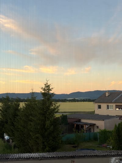 This is a vertical, eye-level, medium shot of a rural landscape at sunset. The sky is filled with soft, golden and pale blue clouds, indicative of the golden hour. In the middle ground, a row of houses and outbuildings with dark, sloped roofs sits at the base of a dark blue mountain range. A light green field, possibly a crop, is visible between the houses and the mountains. To the right, a dense, dark green evergreen tree dominates the foreground, its branches reaching towards the sky. Part of a gray, corrugated roofline runs along the extreme right edge of the frame. A few small objects, possibly lawn furniture, are visible under a covered porch. The overall mood is peaceful and serene, with the warm sunset light casting a tranquil glow over the scene. No people are visible, and there is no visible text. The location is Pňovice, Czechia.