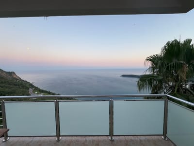 The image captures a serene sunset view from a balcony overlooking the Adriatic Sea. The sky exhibits a soft gradient of pale blue at the top transitioning to delicate pink and lavender hues near the horizon, suggesting the presence of the setting sun. A faint, pale yellow moon is visible in the upper left quadrant of the sky, accompanied by a small dark object that could be a bird or plane. In the foreground, a modern balcony railing with frosted glass panels and stainless steel supports frames the view. A portion of a wooden deck and a wooden bench are also visible on the balcony floor.
To the left, a lush green mountainside slopes down towards the sea, with a winding road visible on its face. Cars with illuminated headlights can be seen on the road, indicating nighttime or twilight. The sea itself is a deep, muted blue, with several small boats and a distant island or peninsula visible. On the right side of the frame, a large palm tree with prominent fronds partially obscures the view of the sea and sky.
The location is identified as Seoce, Montenegro, a coastal area known for its scenic beauty and views of the Adriatic. The overall atmosphere is tranquil and picturesque, characteristic of a Mediterranean coastal landscape at dusk. There are no people or active interactions depicted in the scene. The image appears to have been taken with a mobile device, given the slight graininess and natural lighting.