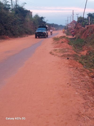 The image depicts a semi-rural road scene in Umudioka, Nigeria, during daylight hours, likely late afternoon or early evening. The foreground is dominated by a wide, reddish-brown dirt road that features a narrower, dark gray asphalt strip running slightly left of center, extending into the background.
On the left side of the road, a steep embankment is covered in dense green foliage and shrubbery. Multiple utility poles with overhead lines are visible along this side.
On the right side, the road transitions into a lower dirt verge with sparse vegetation and a visible drainage ditch. Further into the mid-ground on this side, a single-story building with a reddish roof is present, alongside additional utility poles and lines.
Vehicular traffic includes a dark-colored (possibly black or dark blue) pickup truck with an open bed, traveling away from the viewer on the asphalt strip. Multiple individuals are standing or seated within the truck's bed. Following closely behind the truck is a light-colored motorcycle, also on the asphalt strip, operated by a single rider.
Pedestrian activity is observed on the right side of the road in the mid-ground; a small group of at least three individuals is standing or walking near the dirt verge. One individual in this group appears to wear a yellow garment. Another solitary figure is visible further down the road on the right.
The sky in the background displays pale blue hues transitioning to light pink and orange, characteristic of dusk or dawn. The overall environment suggests a bustling, unpaved thoroughfare with mixed traffic and pedestrian presence. The bottom left corner of the image contains a watermark that reads "Galaxy A52s 5G".