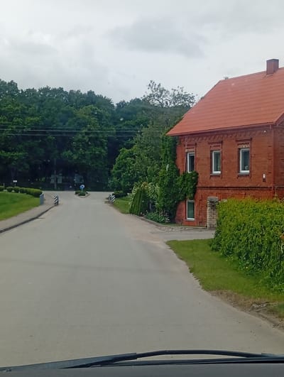 This is a medium-distance, eye-level, outdoor, daytime, full-shot image of a paved road in Šaukėnai, Lithuania. The road curves to the left, with a dense forest and trees lining the left side of the road. On the right side of the road is a two-story, red brick building with a red tile roof. The building has several white-framed windows and ivy growing up its left side. The road is marked with black and white striped bollards on either side. There is a blue circular traffic sign with a white arrow in the center of the road, indicating a junction. The sky is overcast with gray clouds. The foreground of the image shows the edge of a windshield wiper and the dashboard of a vehicle.