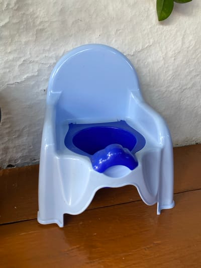 A light blue plastic potty chair with a dark blue insert sits on a wooden floor against a white, textured wall. A green leaf is visible in the upper right corner. The potty chair is the primary subject of the image.