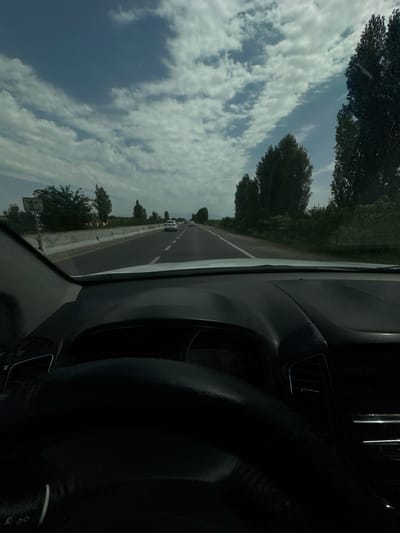 The image is a first-person perspective shot from inside a car, looking forward through the windshield. The car is driving on a multi-lane highway, indicated by the white dashed lines and the concrete barrier separating the lanes. Several white cars are visible in the distance on the highway. The environment outside the car consists of a roadside lined with trees and vegetation, with a cloudy blue sky overhead. The interior of the car shows the dashboard, steering wheel, and a portion of the center console. The scene appears to be a daytime road trip, likely in a semi-rural or suburban area given the roadside trees and open highway.