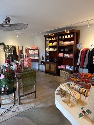 This image depicts the interior of a retail boutique in Saint-Paul-de-Vence, France. The scene is brightly lit, showcasing various merchandise displayed across multiple furniture pieces and racks. No individuals are present.

In the immediate foreground, on the right, a white, curved display counter features multiple rows of beaded bracelets on wooden stands. Adjacent to this, an oval, reddish-brown dish holds an assortment of decorative items, including brightly colored ceramic lobsters and fish shapes. A small sprig of holly with red berries is visible on the white counter.

Mid-ground, on the left, a large, rustic wooden table is partially covered by a dark green, textured fabric runner. On this table, several small potted evergreen plants, resembling Christmas trees, are wrapped in green fabric. Accompanying these are cylindrical objects and small bottles. To the left of this table, a small black round table with slender legs holds multiple small glass bottles, likely containing oils or perfumes. Further back on the left, a vertical display rack is laden with what appear to be necklaces or decorative hanging items. A large, red-patterned tote bag hangs from a stand in the central mid-ground.

Towards the right mid-ground, a tall, dark wooden shelving unit with multiple open shelves and two lower cabinets with rattan inserts displays various small bags, pouches, and jars. Products are uniformly arranged, with lighter-colored items on higher shelves and pink or grey items on lower shelves. To the right of this unit, a clothing rack holds a selection of garments, including jackets and other apparel in various colors such as grey, red, and black.

The ceiling is white, equipped with multiple track lights providing illumination. A large, distinctive wire-mesh light fixture, resembling an inverted dome or wide-brimmed hat, hangs from the ceiling in the upper left quadrant. The floor is a light-grey polished concrete, partially covered by several woven natural fiber rugs.
