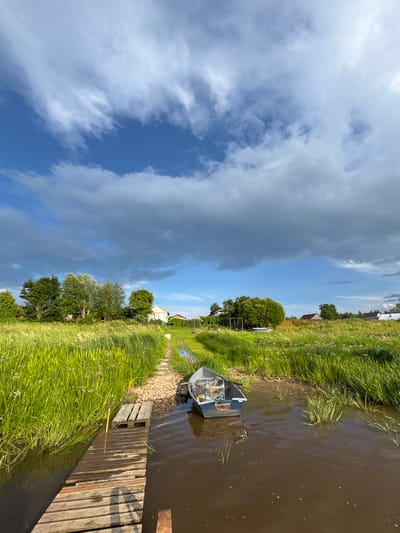 The image depicts a rural landscape in Sitno, Russia, on a cloudy day. In the foreground, a weathered wooden pier extends into murky brown water. A small, blue motorboat is moored alongside the pier, its interior containing fishing nets. The pier leads to a gravel path that winds through tall, lush green grass dotted with small white flowers. In the middle ground, several trees stand to the left, with a white house and other structures visible in the distance to the right, nestled amongst fields and more trees. The sky above is a dramatic mix of bright blue patches and dark, heavy clouds, suggesting an approaching storm. The overall impression is one of natural beauty and tranquility in a remote setting.