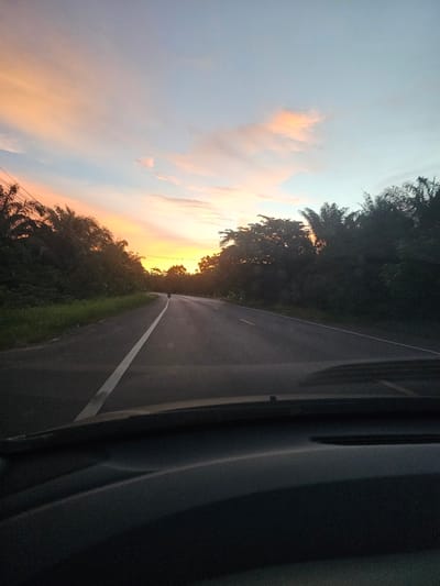 This media file depicts a scenic view of a road curving through a lush, tropical landscape at sunset. The sky is a canvas of soft, pastel colors, with streaks of orange, pink, and pale blue blending into a hazy twilight. Wispy clouds catch the last rays of the sun, creating a warm, ethereal glow.

To the left of the road, dense foliage forms a wall of dark green, interspersed with the feathery fronds of palm trees, typical of a location like Khlong Thom, Thailand. The vibrant green of the grass along the roadside contrasts with the darker vegetation. The road itself is paved and features a white line marking its center, guiding the viewer's eye into the distance.

On the right side of the frame, a dark, textured surface suggests the interior of a vehicle, possibly a car or van, implying the photograph was taken from a passenger's perspective while traveling. This dark element creates a stark contrast with the brightly lit sky and landscape.

The time of day is clearly sunset, indicated by the warm hues in the sky and the softening light. The weather appears to be clear, with the clouds suggesting a calm evening. The overall mood is peaceful and serene, evoking a sense of journey and natural beauty. There is no visible text in the image.