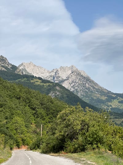 A paved road curves through a verdant landscape with a backdrop of majestic mountains under a partly cloudy sky. The foreground features the road, marked with a white dashed line, flanked by lush green foliage and trees. Further into the scene, dense forests climb the slopes of the mountains. The mountains themselves are rugged and rocky, with some areas showing sparse vegetation and others appearing bare and stony. The sky above is a pale blue, dotted with wispy white clouds that are tinged with grey, suggesting a dynamic weather pattern. The image captures a serene natural environment, likely in a mountainous region such as Redice, Montenegro, characterized by its winding roads and dramatic peaks. There are no people or animals visible in the frame.
