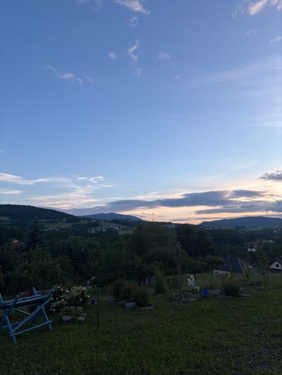 The image depicts a rural landscape with rolling hills and scattered houses under a twilight sky. In the foreground, there is a grassy area with a blue wooden structure that appears to be a piece of outdoor furniture or a garden decoration. To the right of this structure, there is a bush with white flowers and a few rocks on the ground. A wire fence runs through the foreground. In the middle ground, there is a dense forest of green trees. In the background, more hills and houses are visible, with the sky displaying hues of blue, pink, and gray, indicating dusk or dawn. The location is identified as Limanowa, Poland. There are no people or animals visible in the image.