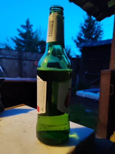 The image shows a green glass bottle of beer, likely Stella Artois, positioned in the foreground on a white surface. The bottle is partially filled with a golden liquid and some condensation is visible on its exterior. The label on the bottle features a barcode and some text, but it's mostly unreadable. The background depicts an outdoor scene at dusk, with trees and a wooden fence visible. The sky is a deep blue, suggesting twilight or early evening. The overall setting appears to be a backyard or patio area. There is a wooden structure in the background, possibly a shed or an awning, and some other objects that are out of focus. The lighting is dim, indicating low natural light conditions. No people are visible in the image. The scene evokes a relaxed, evening atmosphere. A red and white label on the bottle contains the text "21 EAC".