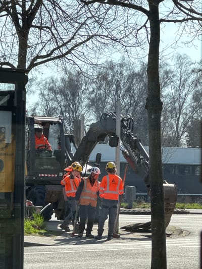 The image displays a construction or road maintenance scene occurring on a paved surface in Oberhausbergen, France, under clear, sunny daytime conditions. A yellow and black wheeled excavator, identified by visible "MECALAC" and "MARC" markings, is positioned with its boom extended, its bucket positioned above an apparent excavation or open manhole in the asphalt. One male individual, wearing an orange high-visibility jacket, is seated within the excavator's cab, facing forward, indicating operational engagement. Four additional male workers are gathered on the paved area adjacent to the excavator. All four wear orange high-visibility jackets or vests, and three wear yellow hard hats, while the fourth wears a white hard hat with red markings. Two of these standing individuals are holding long, slender tools. They appear to be in communication or observing the work being performed. The background consists of numerous bare deciduous trees, suggesting a late winter or early spring season, beneath a light blue sky. A multi-story building with dark windows is visible behind the trees and equipment. A dark, rectangular structure, possibly a bus stop shelter or utility panel, is partially visible on the far left foreground.