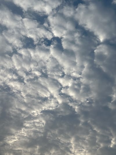 The image is a close-up, upward-facing shot of a cloudy sky. The clouds are varied, with some appearing bright and illuminated by sunlight, while others are darker and more shadowed, suggesting depth and texture. The overall impression is of a dynamic sky, possibly before or after a weather front. There are no discernible landmarks or features that would indicate a specific location within Rudelzhausen, Germany. The scene is entirely natural, with only clouds and sky visible.