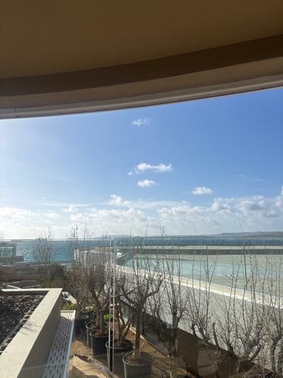 The image shows a view from a balcony in Mellieħa, Malta, overlooking a body of water. The sky is predominantly blue with scattered clouds. A tan-colored building structure is visible on the left side of the frame. A series of potted trees with bare branches line the balcony, partially obscuring the view of the water. In the background, there is a building with reflective glass.