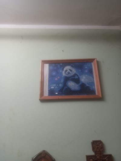 A framed diamond art picture of a panda is hanging on a pale green wall. The picture is in a light brown wooden frame. Below the picture, on the wall, is a small, dark brown crucifix. The room appears to be dimly lit. The image does not provide any information about the city of Maloye Lugovoye, Russia.