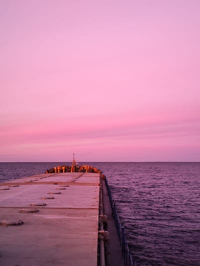 A view of a pier extending into the sea under a pink-hued sky. The pier is a concrete structure with metal hatches. A metal railing runs along the side of the pier. The sea is visible on either side of the pier, with a ripple effect on the water's surface. The sky transitions from a darker pink near the horizon to a lighter shade towards the top of the image. The location is Vasil'evskoe, Russia.