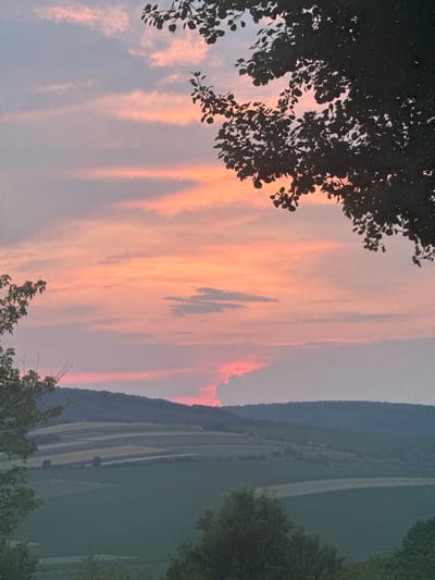 The image depicts a scenic view of rolling hills and agricultural fields under a vibrant sunset sky. Silhouetted trees frame the top and sides of the composition. The sky is filled with clouds painted in hues of pink, orange, and purple, indicating the sun is near the horizon. In the distance, the landscape features layered hills covered in greenery and lighter-colored fields, suggesting a rural or agricultural setting. The overall atmosphere is serene and picturesque. The location is identified as being in the city of Pavliv, Ukraine.