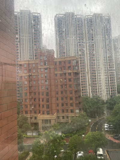 The image shows a view from a window in Wuhan, China (30.663, 114.245). It features a brick building with a large number of windows on the left. In the middle, there are four tall, slender buildings, all of which are grey and appear to have multiple floors. Several of the buildings appear to be residential. The view is obscured by water droplets on the window. There are trees and a small road visible in the foreground, with a few cars parked. The road curves to the right and disappears behind the buildings. The overall scene is dull and overcast.