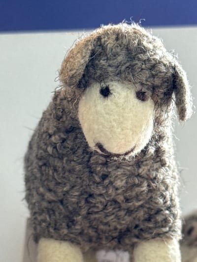 A close-up shot depicts a stuffed toy resembling a sheep, likely made from wool or a similar textured material. The toy features a primarily gray, curly "wool" body with a contrasting white face. The sheep has a dark button-like eye and a hint of a dark mouth. The background is blurred, with hints of blue and white, providing no concrete information about the location. It is not possible to determine the location is in Кашат, Kyrgyzstan.