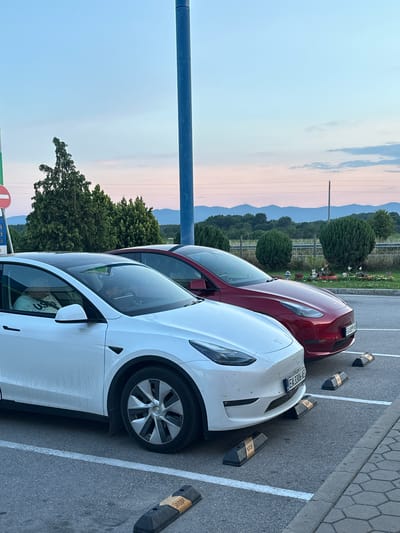 The image displays two Tesla vehicles, one white and one red, parked in an outdoor asphalt parking lot in Momkovo, Bulgaria, as indicated by the "EA" prefix on the Bulgarian license plates. In the foreground, a white Tesla Model Y (license plate EA 3306 AE) is positioned, showing its front bumper, left front wheel with aero covers, and the driver's and front passenger's windows. Two occupants are visible inside: the driver, with dark hair and possibly a cap, is looking down at an obscured device, while the passenger wears a light-colored shirt with "USPA" printed on it. Behind the white Tesla, a red Tesla (license plate EA 8899 AB) is parked in an adjacent spot. Both vehicles are aligned with black rubber tire stops bearing "STOP" labels. The parking area features white painted lines on asphalt, with a concrete sidewalk composed of hexagonal pavers on the far right. The background consists of dense green trees and bushes, leading to a distant range of blue mountains under a sky transitioning from light blue to a pale pink horizon, indicative of dawn or dusk. A tall blue utility pole stands vertically in the mid-ground, with power lines stretching horizontally. A red circular "No Entry" sign is partially visible on the far left. Directly behind the red Tesla, a landscaped decorative area contains small ornamental bushes, flowers, and various figurines, including what appear to be gnomes, rabbits, and butterflies.