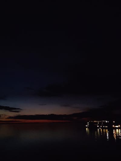 A dark, low-light photograph appears to show a body of water under a dusky sky. A hint of red/orange is visible on the horizon between the water and the sky.  On the right side of the image, across the water, lights are visible which appear to be reflections from buildings.  The scene's exact location or the presence of people cannot be determined from this image due to the low light conditions and limited visible details.  There is no verifiable evidence to suggest this image is from Mologa, Russia.