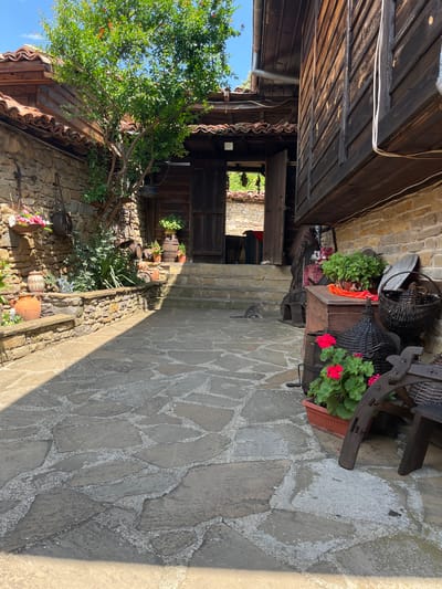 The image shows a sunlit cobblestone courtyard in the historic village of Zheravna, Bulgaria. A small, gray cat is visible walking across the courtyard. On the right side of the image, a traditional wooden house with a brick foundation stands. Several woven baskets, a wooden chest, and potted plants with red flowers are placed near the house. A wooden bench with carved details is also present. To the left, a stone wall surrounds a garden area with potted plants and ceramic vessels. A tree with green leaves and red flowers is growing near the stone wall and wooden building. Steps lead up to a wooden doorway in the background, beyond which more stone walls and greenery are visible. The sky is blue with scattered clouds.