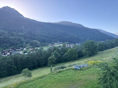 The image captures a panoramic view of the town of Saint-Jean-d'Aulps, France, nestled within a valley at the base of a steep, tree-covered mountain. The sky is a clear, pale blue, with a slight haze obscuring the upper slopes of the mountain. In the foreground, a gently sloping grassy field dominates the lower portion of the frame. Scattered across this field are a few small trees and patches of wildflowers. Towards the middle right, two flatbed trailers with green tarps are parked in the grass.
Beyond the field, a cluster of houses and buildings forms the village. These structures vary in size and architectural style, with some appearing to be residential homes and others possibly commercial buildings. They are interspersed with numerous trees, creating a mosaic of green foliage and rooftops. The village is situated on the lower slopes of the valley, and the mountain rises sharply behind it, its dense evergreen forest reaching towards the sky. A faint mist or sunlight beam is visible on the upper slopes of the mountain, adding a soft, atmospheric quality to the scene. A narrow dirt path winds its way up the grassy incline on the far right of the image.