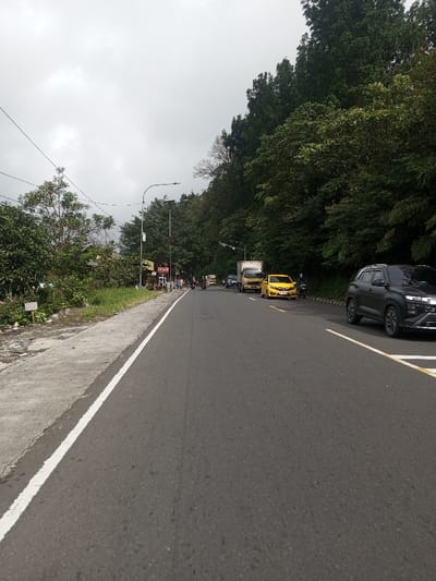 The image presents a road scene in Saing Ta Mawt Lay, Myanmar, under an overcast sky. An asphalt road with a solid white line delineating its left edge, and yellow and white dashed lines on its right lane, recedes into the distance. To the left of the road, a concrete pedestrian path is present, bordered by overgrown vegetation and several utility poles equipped with streetlights. Further along the left side, a cluster of small roadside structures resembling shops or stalls is visible, with several indistinct individuals standing or seated nearby. The right side of the road is flanked by a steep, densely tree-covered hillside. Vehicular traffic is observed on the road: in the right foreground, a dark grey SUV is positioned, apparently moving towards the viewer. Further down the road, a bright yellow compact car is either stationary or moving slowly, with a motorcycle nearby. Behind these, a white box truck and additional vehicles are visible in the distance.