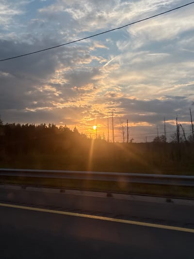 The image shows a roadside view at sunset. A dark line, likely a power line, stretches horizontally across the sky. The sky is filled with a mixture of clouds, some dark and some illuminated by the setting sun, which is casting golden rays across the scene. In the middle ground, a line of trees forms a dark silhouette against the bright sky. To the left, bare, spindly trees stand out. In the foreground, there is a metal guardrail and a section of asphalt road with a yellow line. The overall impression is one of a natural landscape seen from a moving vehicle on a road. The location is described as the city of Dol "Luch", Russia.
