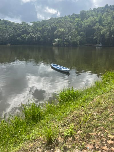 A body of water reflects the sky's clouds, with a blue kayak floating near a grassy bank. Lush green trees line the opposite shore. A small structure is visible on the shore among the trees. The scene is in Kisanga, Tanzania.