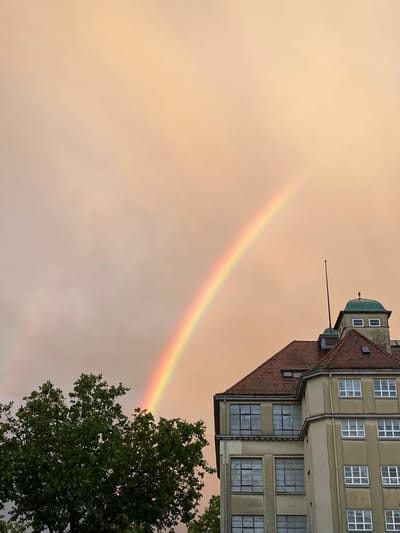 The image captures a serene urban landscape in Landau in der Pfalz, Germany, bathed in the warm, soft glow of either sunrise or sunset. The sky, which occupies a large portion of the frame, is a canvas of peachy orange and light pink hues, suggesting diffuse light after or before a rain shower.

A prominent, though somewhat faint, rainbow arcs gracefully across the sky, stretching from the lower right of the frame upwards towards the upper left. Its full spectrum of colors is visible, indicating the simultaneous presence of rain and sunlight.

On the right side of the image, a multi-story building with distinct European architecture stands tall. It features a light-colored (possibly beige or light yellow) facade with numerous rectangular windows, each divided into a grid pattern by white frames. The building is topped with a reddish-brown tiled roof, which includes several dormer windows. A notable architectural detail is a small, greenish-grey turret or cupola with two windows, situated on one corner of the building. A flag pole extends from near this turret.

In the lower right corner, a lush, leafy green tree partially frames the scene. Its dense foliage and branches are visible against the colorful sky, with some leaves seemingly touching the lower arc of the rainbow. No people are visible, and there is no discernible text within the image. The overall impression is one of natural beauty and tranquility, highlighting a fleeting atmospheric phenomenon against a backdrop of classic architecture.