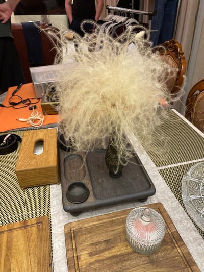 A slightly high-angle shot shows a collection of objects arranged on a surface with a patterned placemat, suggesting an interior setting. The most prominent feature is a large arrangement of feathery plants, likely decorative, emanating from a vase on a dark, possibly wooden, tray with two small circular compartments. To the right of the tray, there are two wooden cutting boards and a clear glass container with a ribbed texture and a lid, revealing pink contents inside. To the lower left, an orange surface is visible with audio cables and connectors, along with a wooden tissue box. The lower part of the frame reveals what looks like a part of a black belt with a silver buckle. The surface appears to be a table, covered with the patterned placemat. Beyond the objects, there are indistinct figures, clothing racks, and what appears to be the back of a chair with ornamental wood carvings, indicating a domestic or commercial space, not necessarily a landscape consistent with Лесной Пейзаж Кп (шарапово), Russia. The scene is static and does not indicate any specific action.