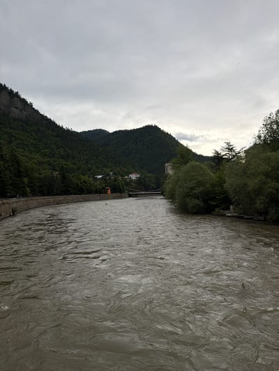 This media file captures a scenic view of a river flowing alongside a lush, tree-covered mountain. The perspective is from a slightly elevated position, possibly a bridge or embankment, looking out over the water and towards the mountainside.
The primary subjects are the natural landscape elements: the fast-flowing, muddy river that occupies the right side of the frame, and the densely forested mountain that dominates the left side. Small buildings and structures are visible nestled into the mountainside, suggesting a small settlement or village. A bridge or walkway can be seen crossing the river in the distance, connecting the two sides of the landscape. The sky above is overcast and a dull grey, indicating a cloudy or possibly rainy day. The overall lighting is subdued, suggesting it might be early morning or late afternoon, or simply a day with heavy cloud cover.
There is no discernible activity or event taking place; the scene appears to be a static landscape capture. Notable details include the texture of the water, showing ripples and currents, and the dense, dark green foliage of the trees covering the mountain. The location cues, such as the style of the buildings and the type of mountainous terrain, are consistent with a place like Borjomi, Georgia, known for its natural beauty and spa resorts. The overall mood evoked by the image is one of natural serenity, though the overcast sky adds a slightly somber or tranquil atmosphere. No text is visible in the image.